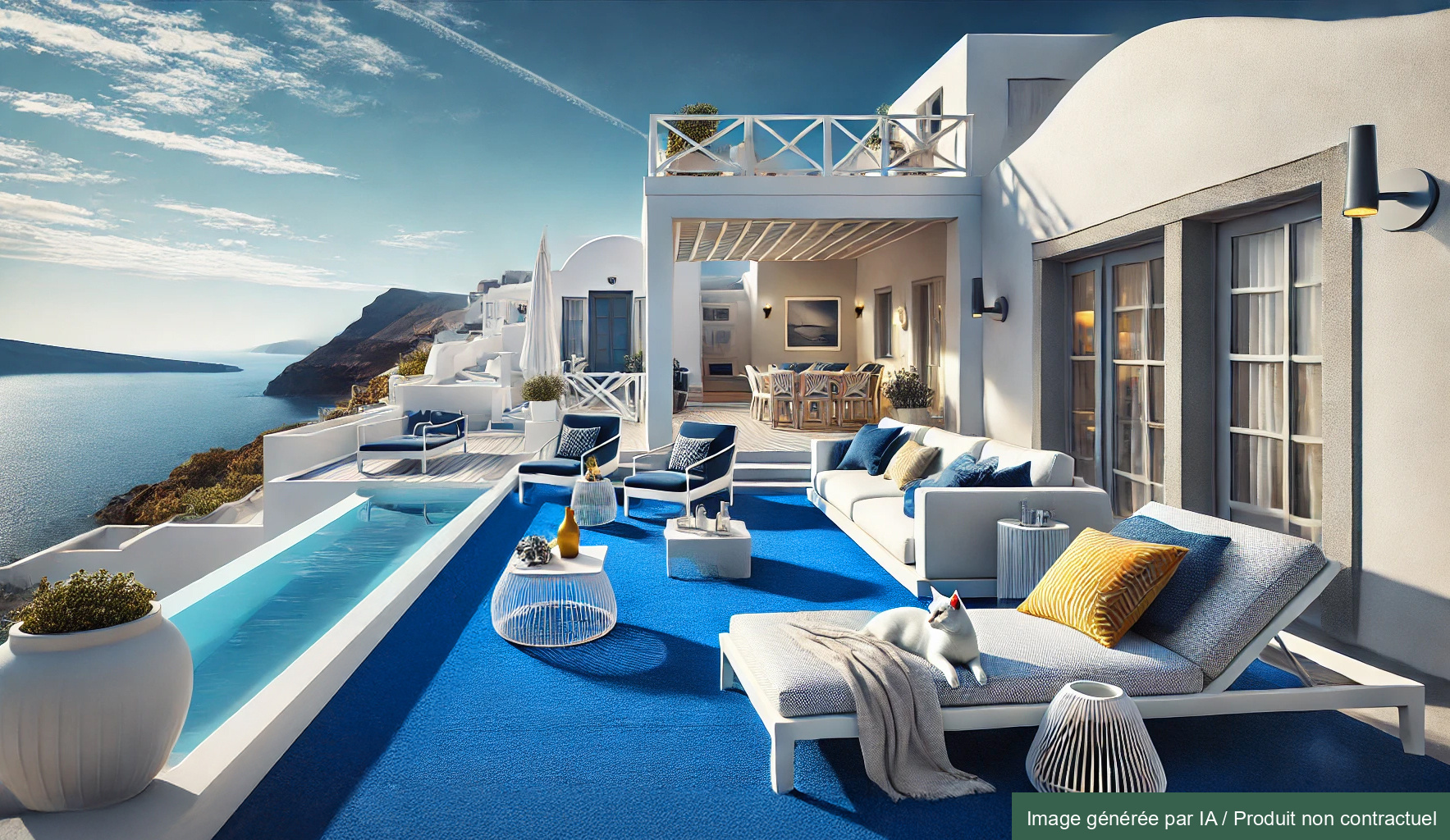 Terrasse de rêve habillée de la moquette outdoor sur plots - Piscine et Spa - Bleu