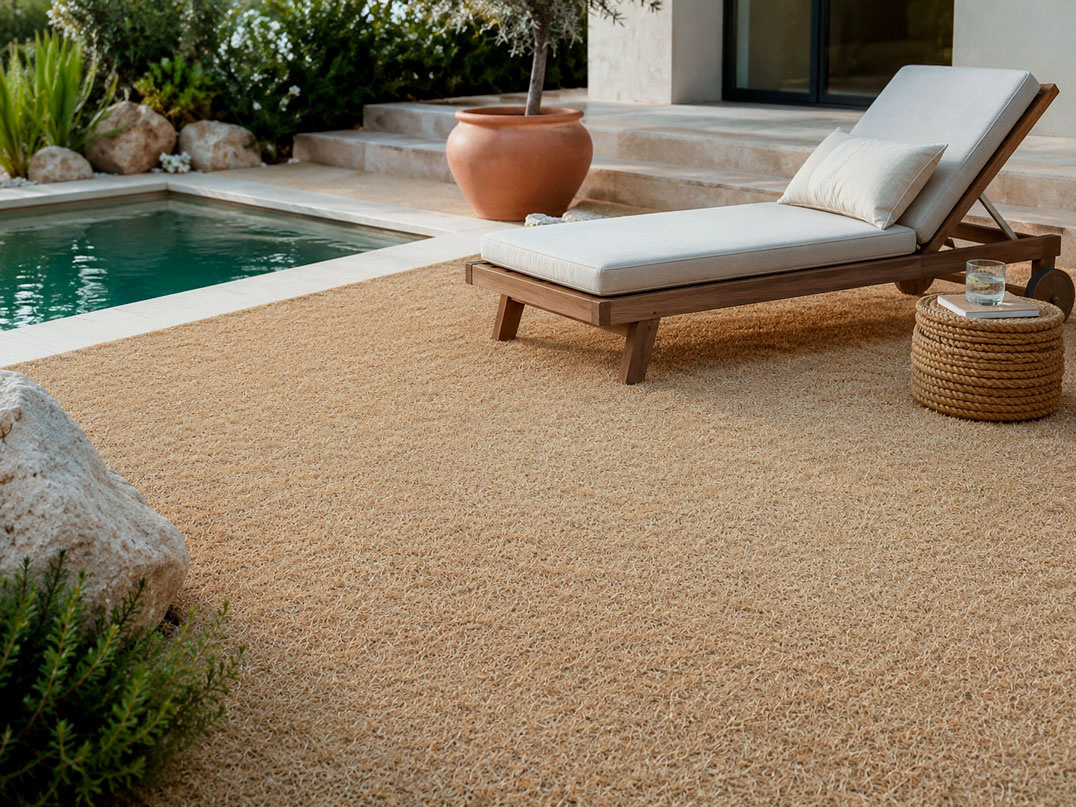 Gazon synthétique Métropolitain Sable - 22 mm pour terrasse et abords de piscine dans un style naturel et contemporain