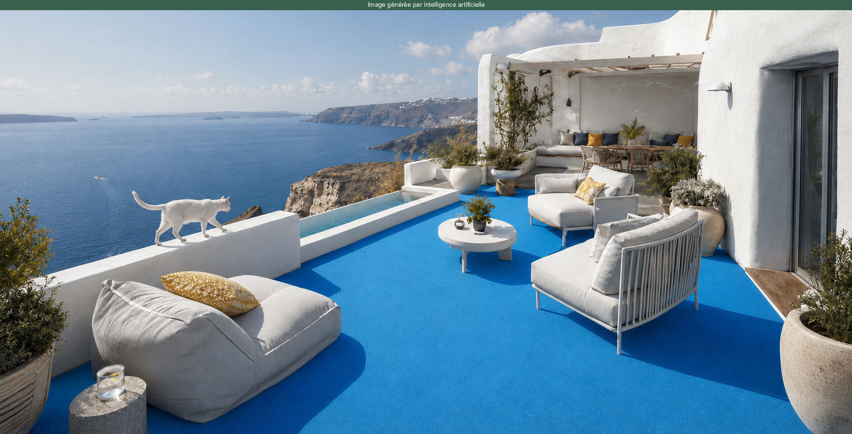 Terrasse de rêve habillée de la moquette outdoor sur plots - Piscine et Spa - Bleu