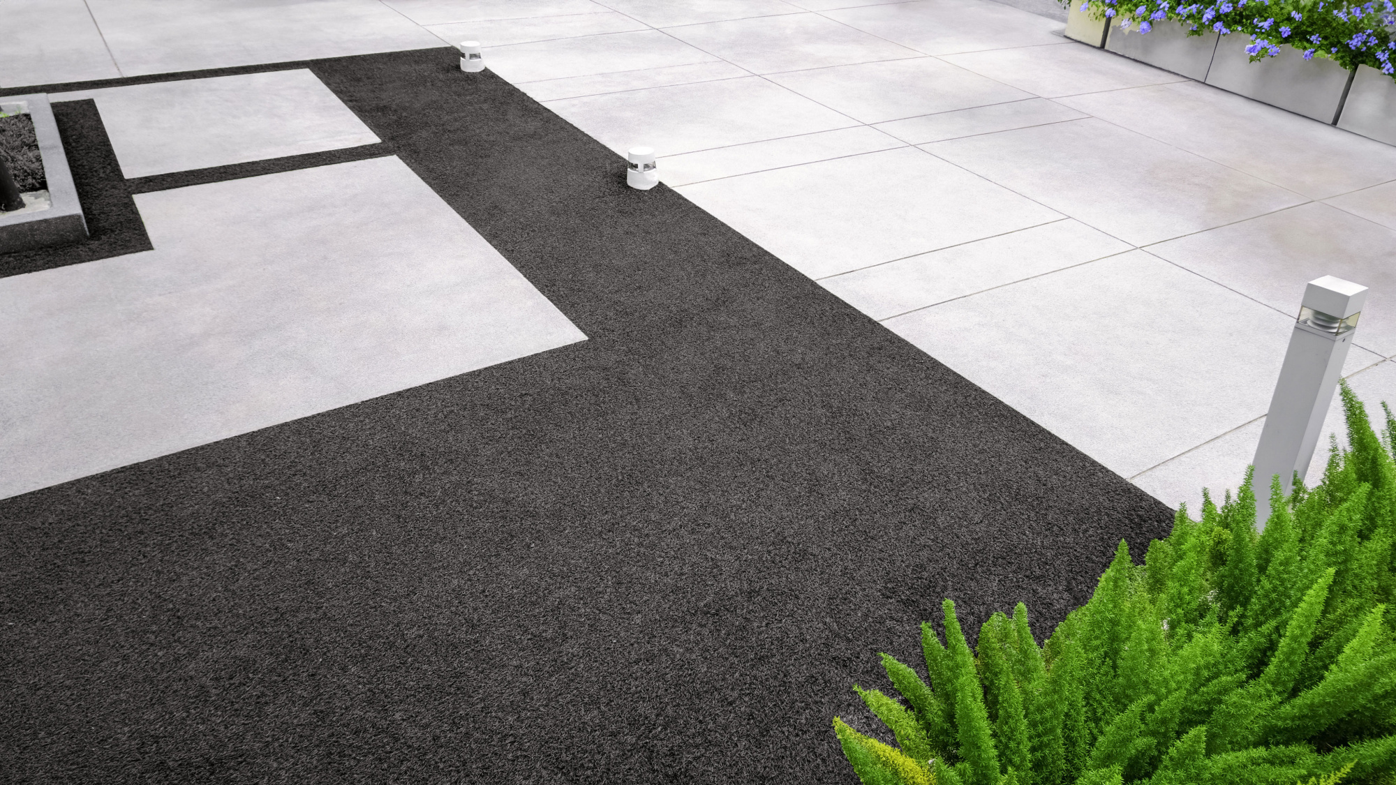 Gazon synthétique Métropolitain Gris foncé - 20mm intégré à un aménagement en dalles